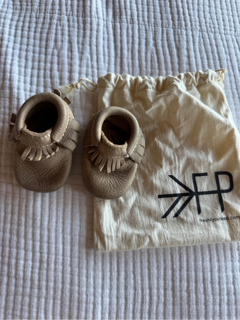 Freshly Picked Tan Leather Baby Moccasins with Fringe